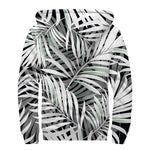 Black White Tropical Leaf Pattern Print Sherpa Lined Zip Up Hoodie