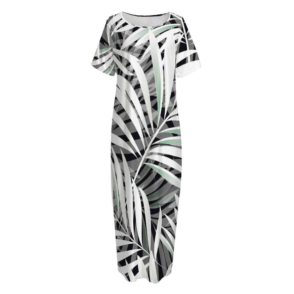 Black White Tropical Leaf Pattern Print Short Sleeve Long Nightdress