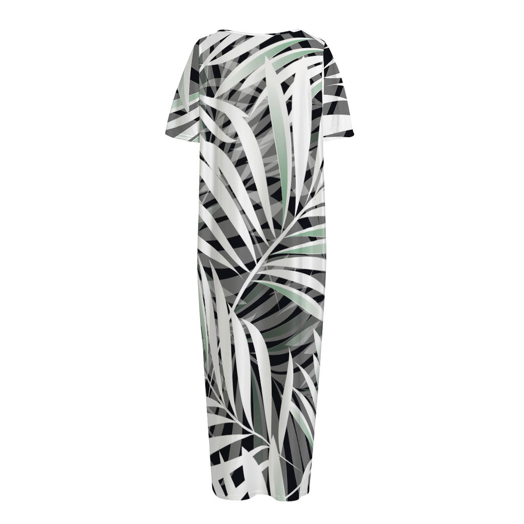 Black White Tropical Leaf Pattern Print Short Sleeve Long Nightdress