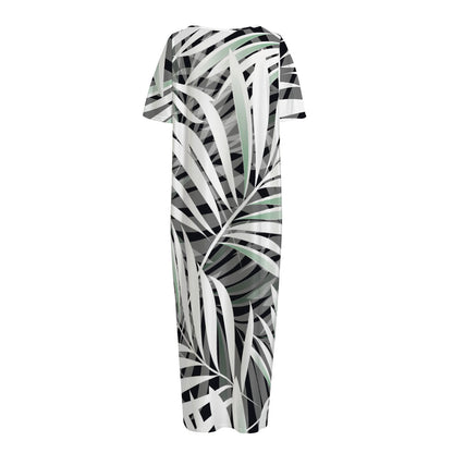 Black White Tropical Leaf Pattern Print Short Sleeve Long Nightdress