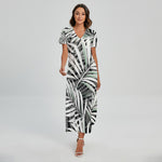Black White Tropical Leaf Pattern Print Short Sleeve Maxi Dress