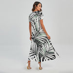 Black White Tropical Leaf Pattern Print Short Sleeve Maxi Dress