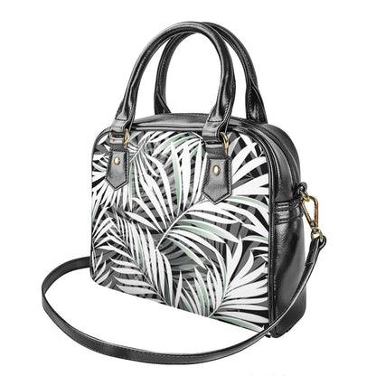 Black White Tropical Leaf Pattern Print Shoulder Handbag