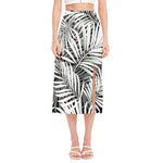 Black White Tropical Leaf Pattern Print Side Slit Midi Skirt