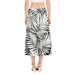 Black White Tropical Leaf Pattern Print Side Slit Midi Skirt