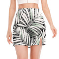 Black White Tropical Leaf Pattern Print Side Slit Mini Skirt