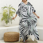 Black White Tropical Leaf Pattern Print Silk V-Neck Kaftan Dress