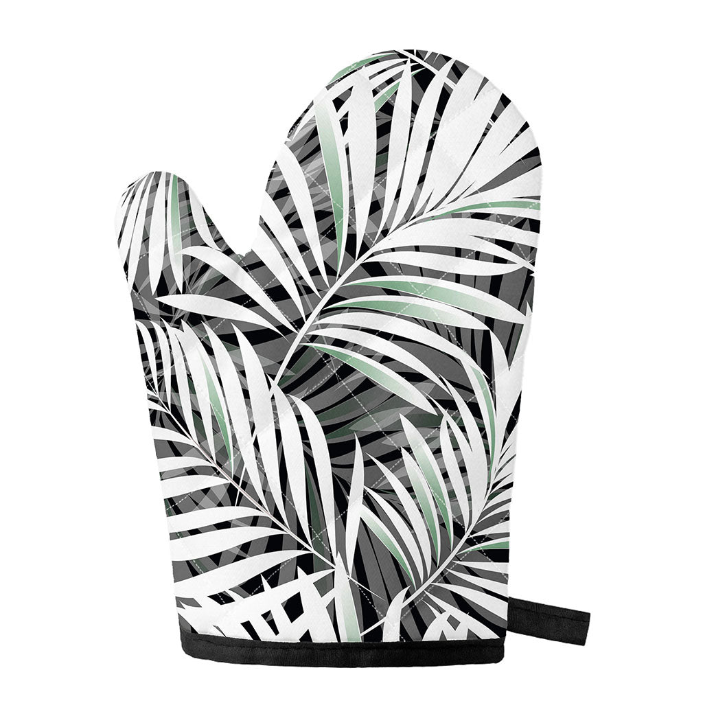 Black White Tropical Leaf Pattern Print Single Oven Mitt