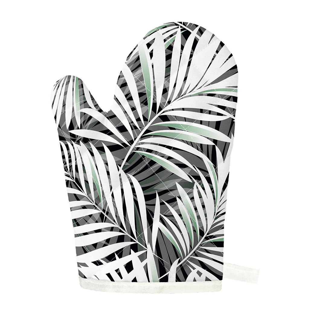 Black White Tropical Leaf Pattern Print Single Oven Mitt
