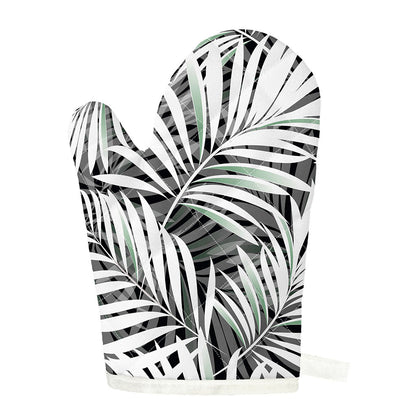 Black White Tropical Leaf Pattern Print Single Oven Mitt