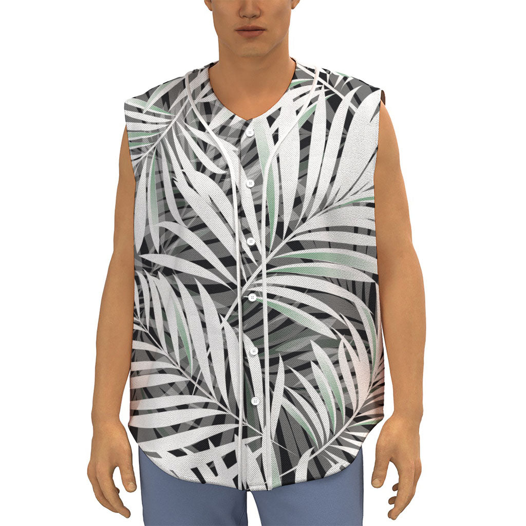 Black White Tropical Leaf Pattern Print Sleeveless Baseball Jersey