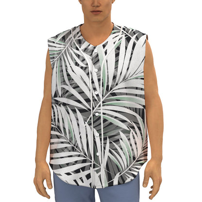 Black White Tropical Leaf Pattern Print Sleeveless Baseball Jersey