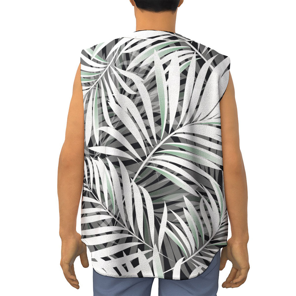 Black White Tropical Leaf Pattern Print Sleeveless Baseball Jersey