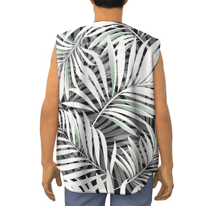 Black White Tropical Leaf Pattern Print Sleeveless Baseball Jersey