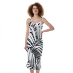Black White Tropical Leaf Pattern Print Slim Fit Midi Cami Dress