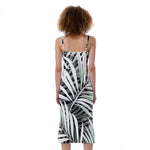 Black White Tropical Leaf Pattern Print Slim Fit Midi Cami Dress