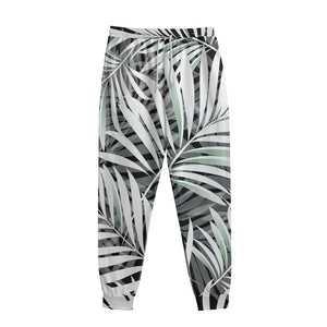 Black White Tropical Leaf Pattern Print Sweatpants