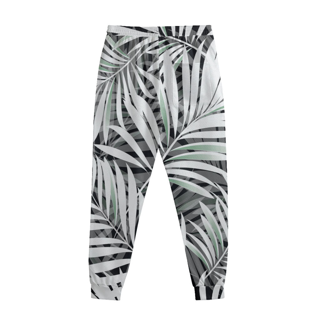 Black White Tropical Leaf Pattern Print Sweatpants