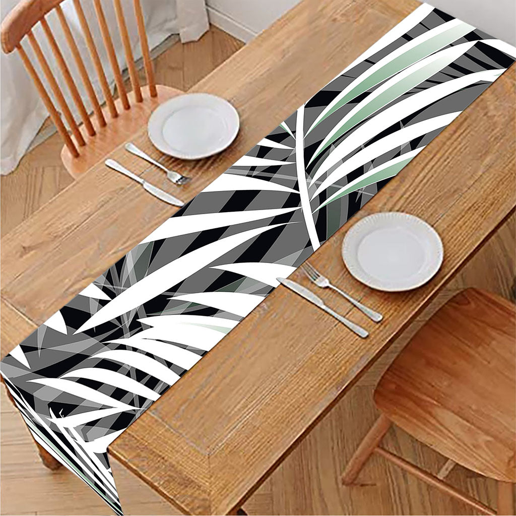 Black White Tropical Leaf Pattern Print Table Runner