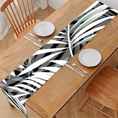 Black White Tropical Leaf Pattern Print Table Runner