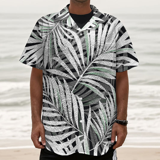 Black White Tropical Leaf Pattern Print Textured Short Sleeve Shirt