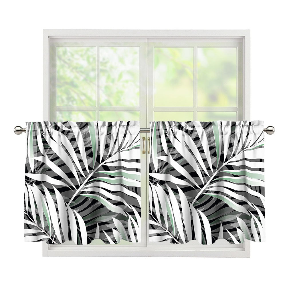 Black White Tropical Leaf Pattern Print Tier Curtains