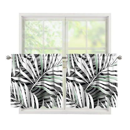 Black White Tropical Leaf Pattern Print Tier Curtains