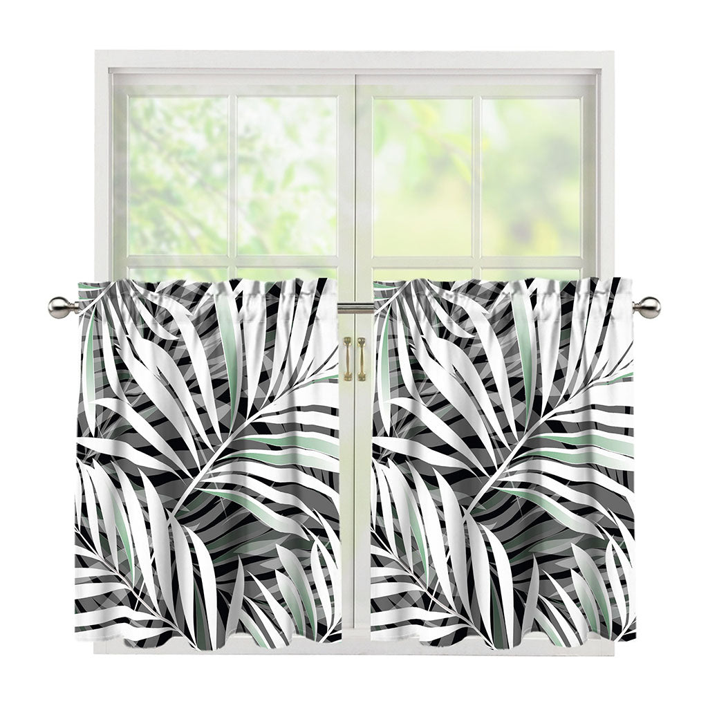 Black White Tropical Leaf Pattern Print Tier Curtains