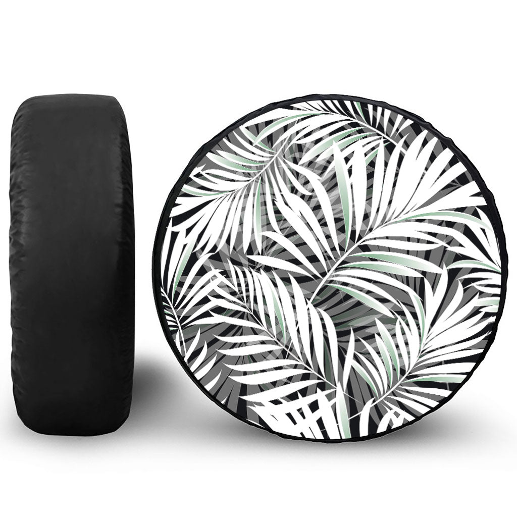 Black White Tropical Leaf Pattern Print Tire Cover