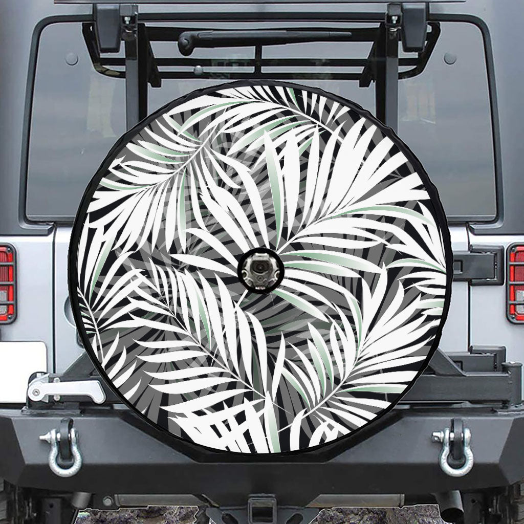 Black White Tropical Leaf Pattern Print Tire Cover With Camera Hole