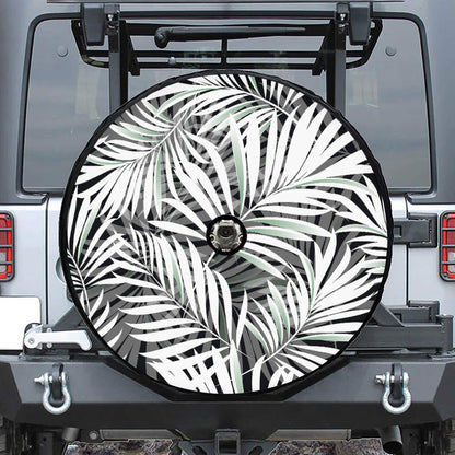 Black White Tropical Leaf Pattern Print Tire Cover With Camera Hole