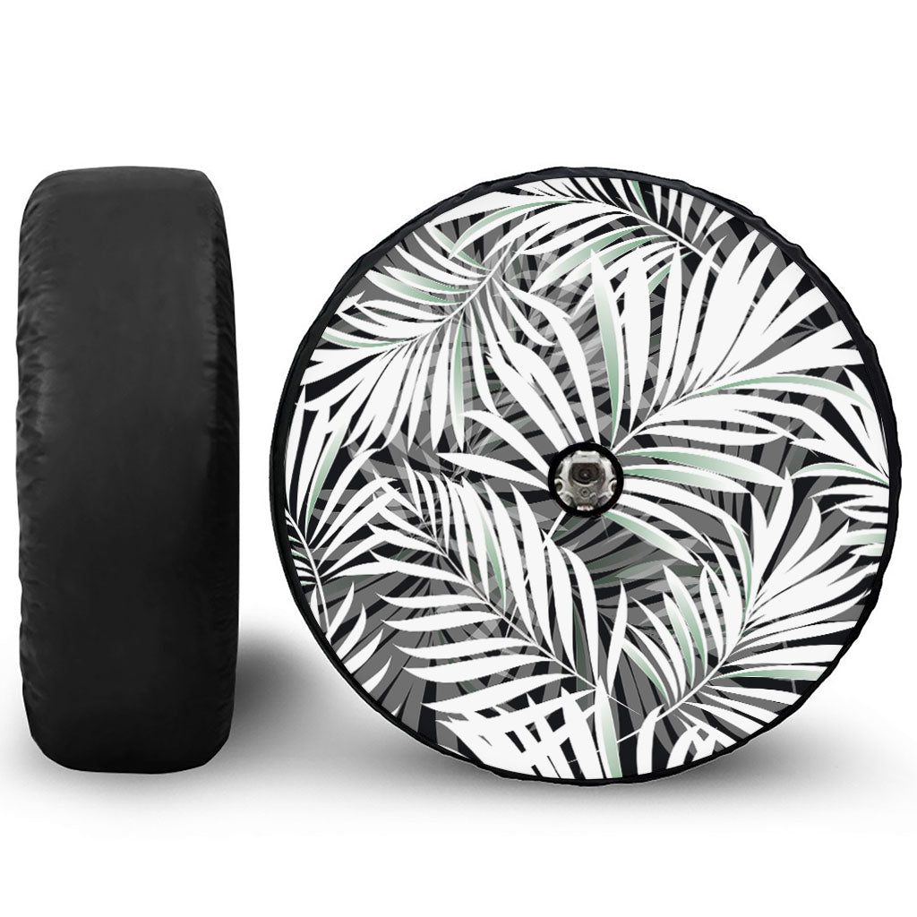 Black White Tropical Leaf Pattern Print Tire Cover With Camera Hole