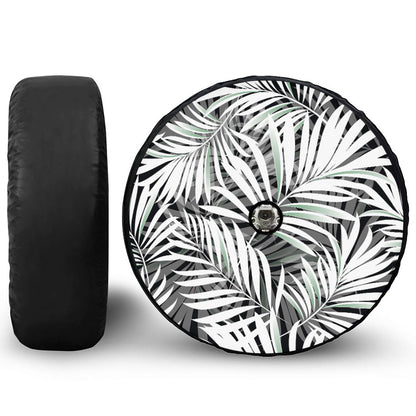 Black White Tropical Leaf Pattern Print Tire Cover With Camera Hole