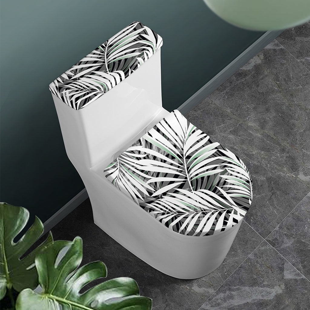 Black White Tropical Leaf Pattern Print Toilet Lid And Tank Cover Set