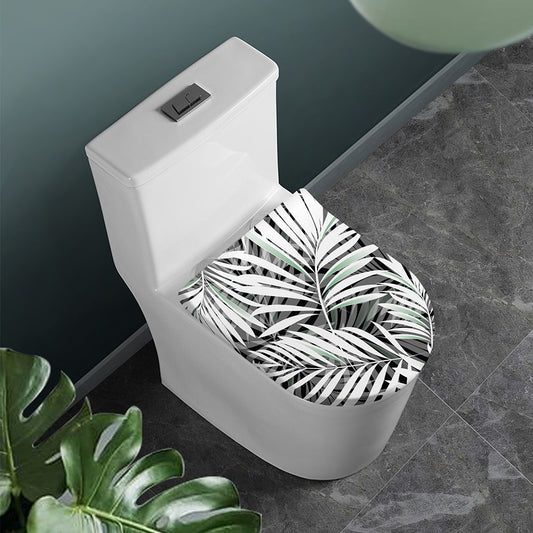 Black White Tropical Leaf Pattern Print Toilet Lid Cover