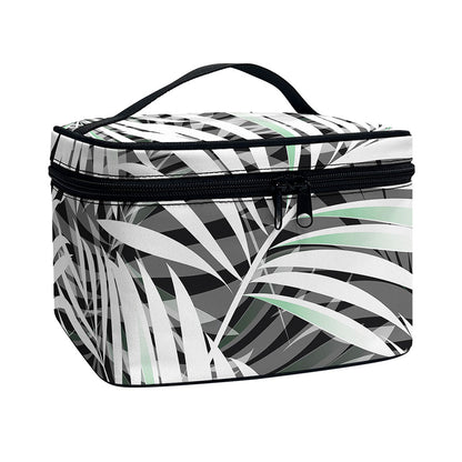Black White Tropical Leaf Pattern Print Travel Makeup Bag