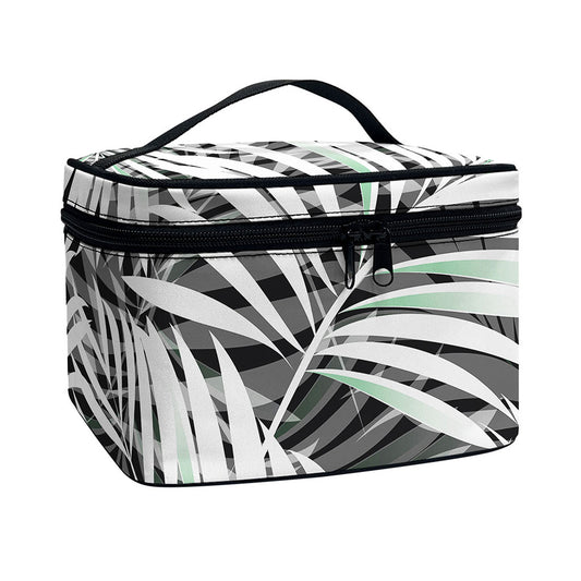 Black White Tropical Leaf Pattern Print Travel Makeup Bag