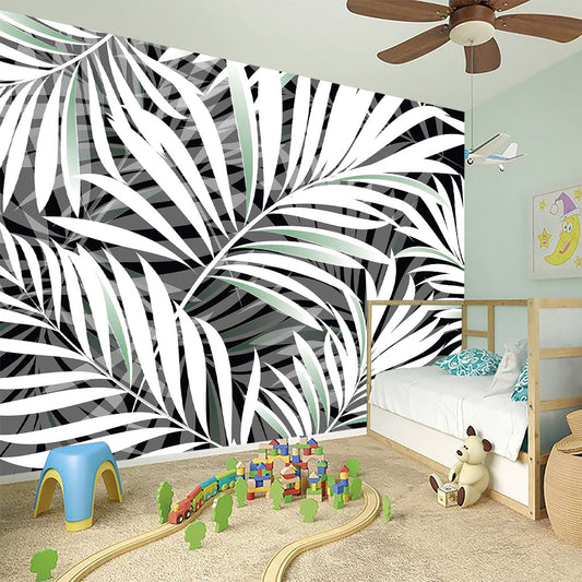 Black White Tropical Leaf Pattern Print Wall Sticker
