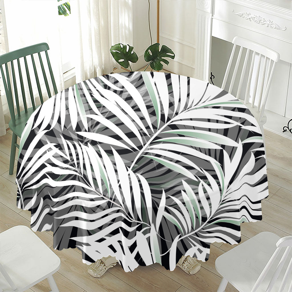 Black White Tropical Leaf Pattern Print Waterproof Round Tablecloth