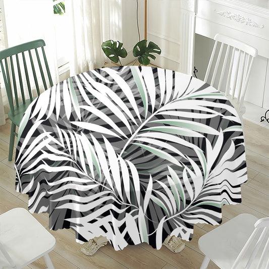 Black White Tropical Leaf Pattern Print Waterproof Round Tablecloth