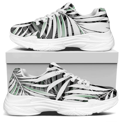 Black White Tropical Leaf Pattern Print White Chunky Shoes