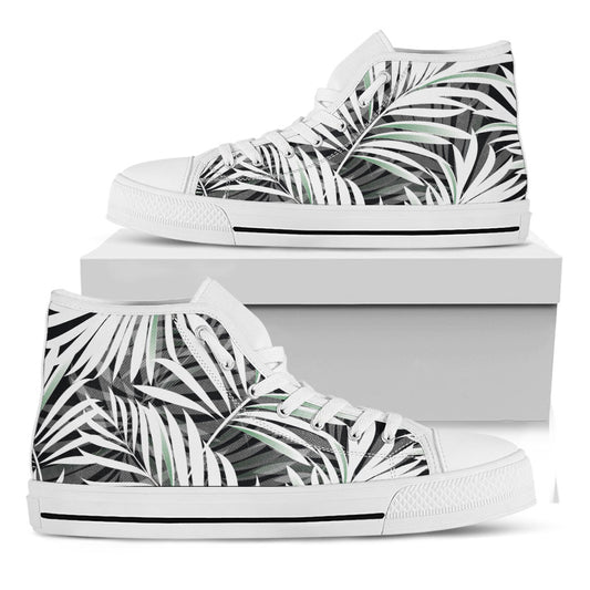 Black White Tropical Leaf Pattern Print White High Top Sneakers