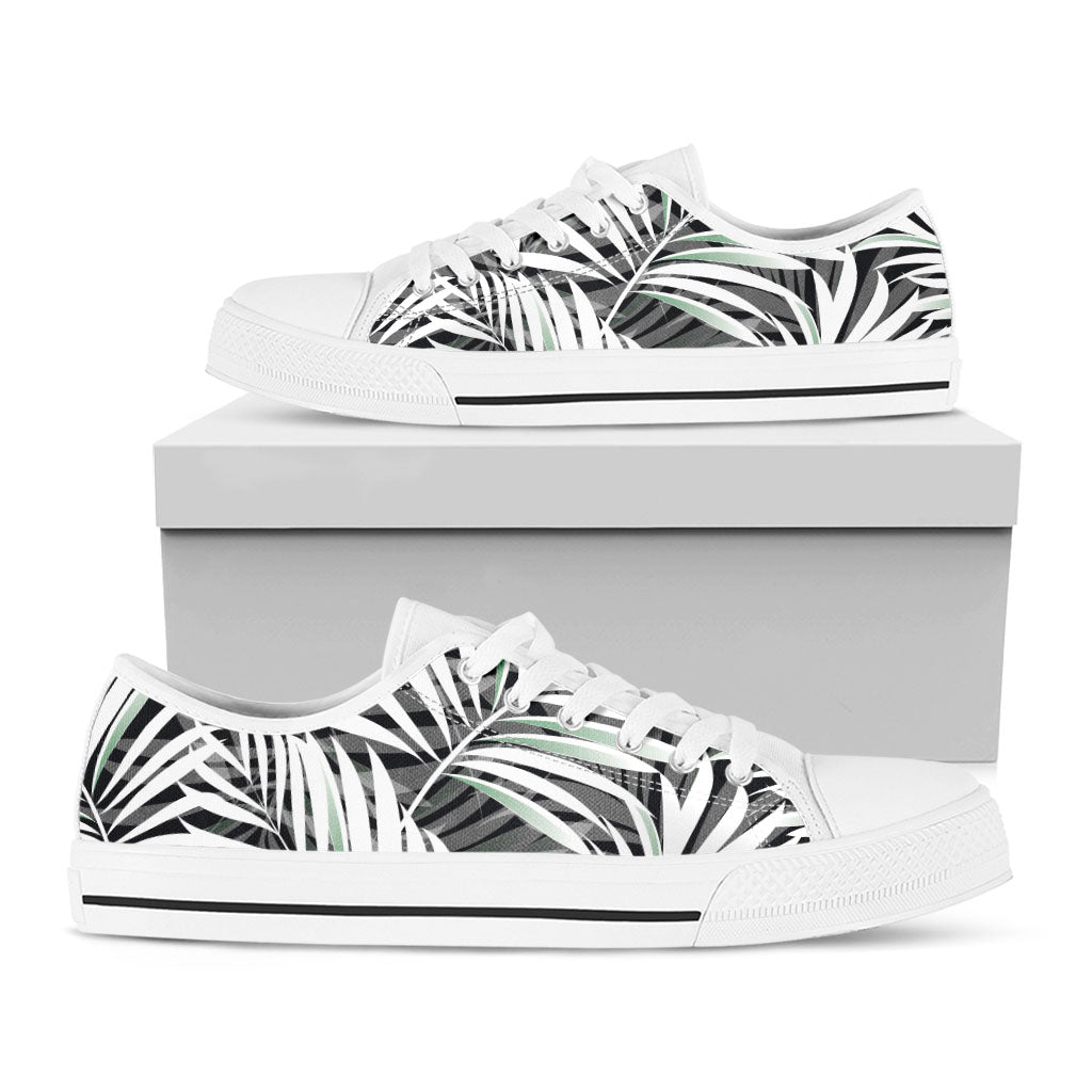 Black White Tropical Leaf Pattern Print White Low Top Sneakers