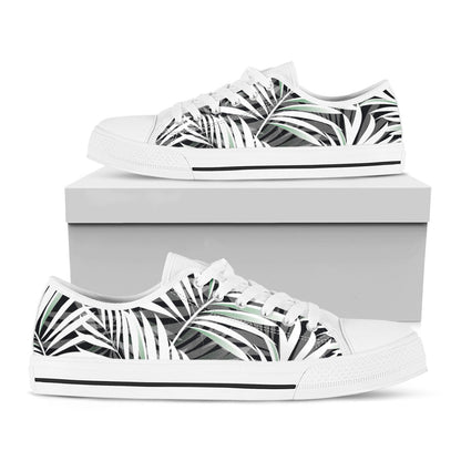 Black White Tropical Leaf Pattern Print White Low Top Sneakers