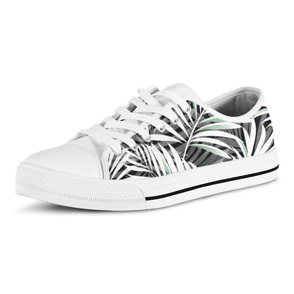 Black White Tropical Leaf Pattern Print White Low Top Sneakers