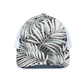 Black White Tropical Leaf Pattern Print White Mesh Trucker Hat