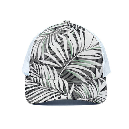 Black White Tropical Leaf Pattern Print White Mesh Trucker Cap