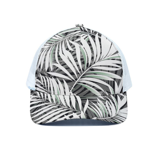 Black White Tropical Leaf Pattern Print White Mesh Trucker Cap
