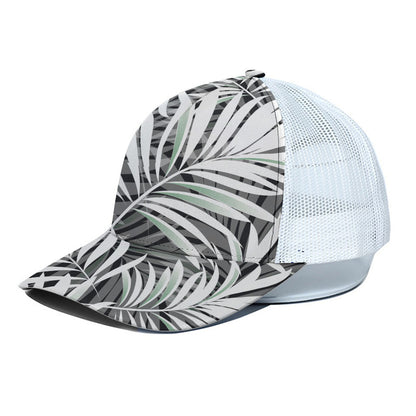 Black White Tropical Leaf Pattern Print White Mesh Trucker Cap