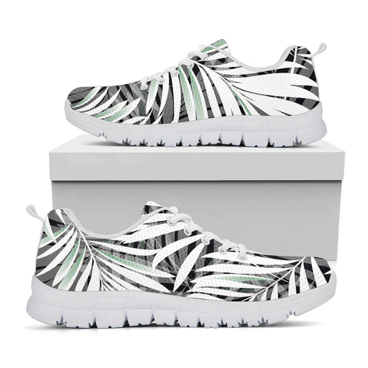 Black White Tropical Leaf Pattern Print White Running Shoes